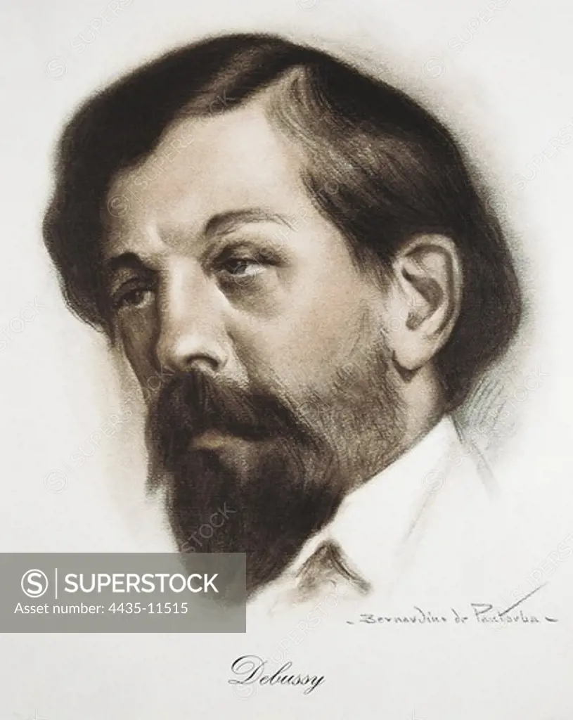 DEBUSSY, Claude (1862-1918). French composer. Portrait of Bernardino de Pantorba. Litography.