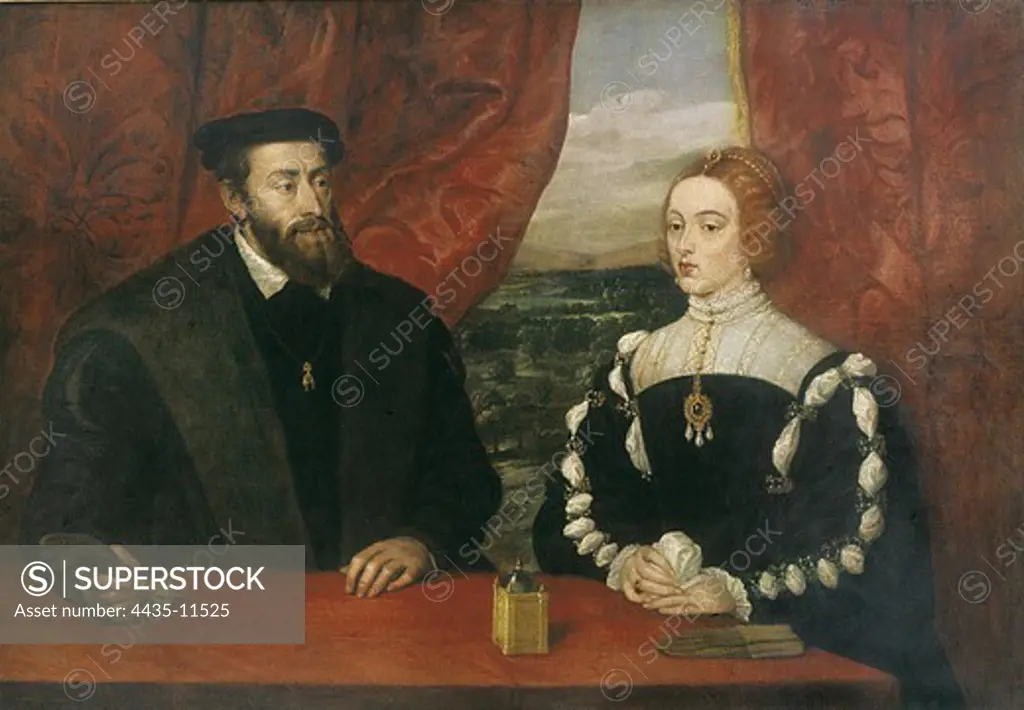 RUBENS, Peter Paul (1577-1640). The Emperor Charles V and the Empress Isabella. 1628. Copy of the original portrait by Titian destroyed in the fire at the Alcàzar of Madrid in 1734. Collection House of Alba. Renaissance art. Cinquecento. Oil on canvas. SPAIN. MADRID (AUTONOMOUS COMMUNITY). Madrid. Liria Palace.