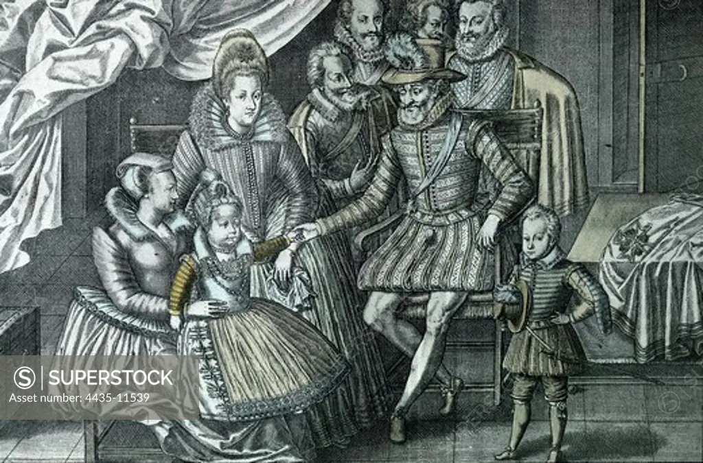 HENRY IV of France (1553-1610). King of France (1589-1610) and Navarre (1562-1589). The King with Gabrielle d'Estr_es and their children:C_sar de Bourbon, duc de Vendªme, and Catherine-Henriette de Bourbon Alexandre. Engraving.