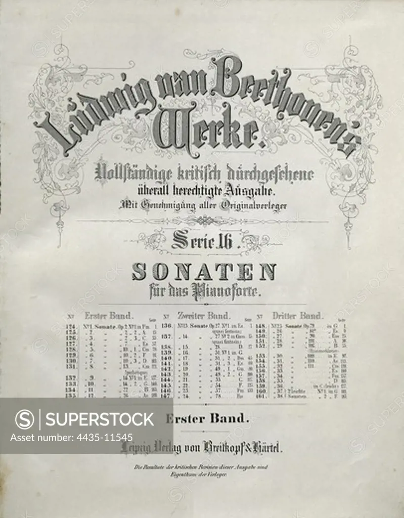 Beethoven, Ludwig, van. German composer. Sonatas for piano. Edition carried out in Leipzig. SPAIN. CATALONIA. Barcelona. Biblioteca de Catalunya (National Library of Catalonia).