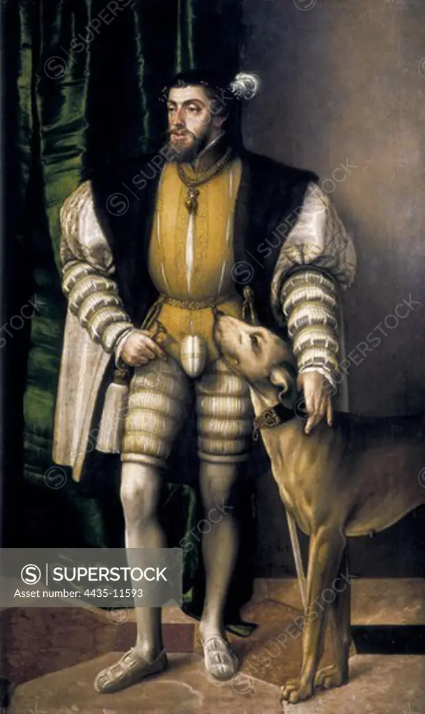SEISENEGGER, Jakob (1505-1567). The Emperor Charles V with Hound (Kaiser Karl V mit seiner Ulmer Dogge). 1532. Oil on wood. AUSTRIA. VIENNA. Vienna. Kunsthistorisches Museum Vienna (Museum of Art History).