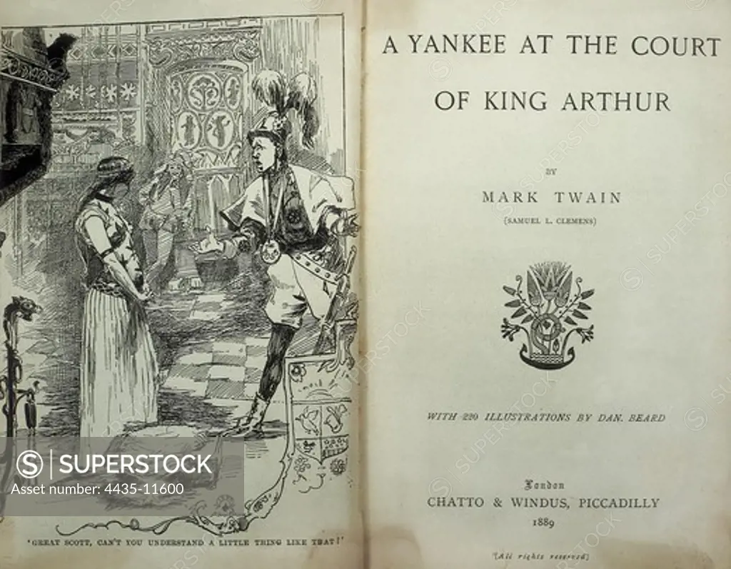 TWAIN, Samuel Langhorne Clemens, also called Mark (1835-1910). American author and humorist creator of 'Tom Sawyer'.; ARTHUR, King. Legendary king of the Bretons. Title page of Mark Twain's work 'A Yankee at the Court of King Arthur'. Edition published in London in 1889. Engraving. SPAIN. CATALONIA. Barcelona. Biblioteca de Catalunya (National Library of Catalonia).