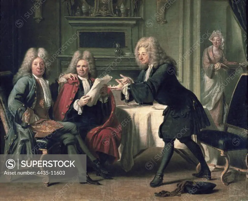 AUTREAU, Jacques (1657-1745). Bodin, the King's Doctor, in the Company of Dufresny and Crebillon at the House in Auteil. ca. 1716. Baroque art. Oil on canvas. FRANCE. LE-DE-FRANCE. YVELINES. Versailles. National Museum of Versailles.