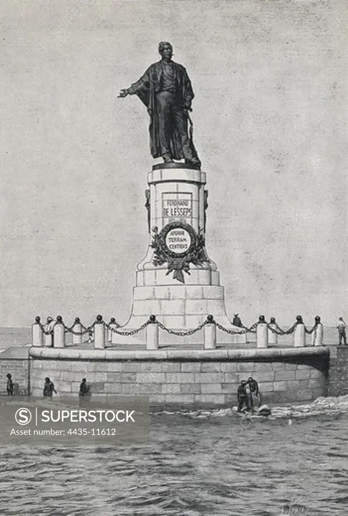 Lesseps, Ferdinand, vicomte de (1805-1894). French diplomat, maker of the Suez Canal (1859-1869). Reproduction of the monument to Lesseps erected in Port-Said. Engraving (1899). Etching.