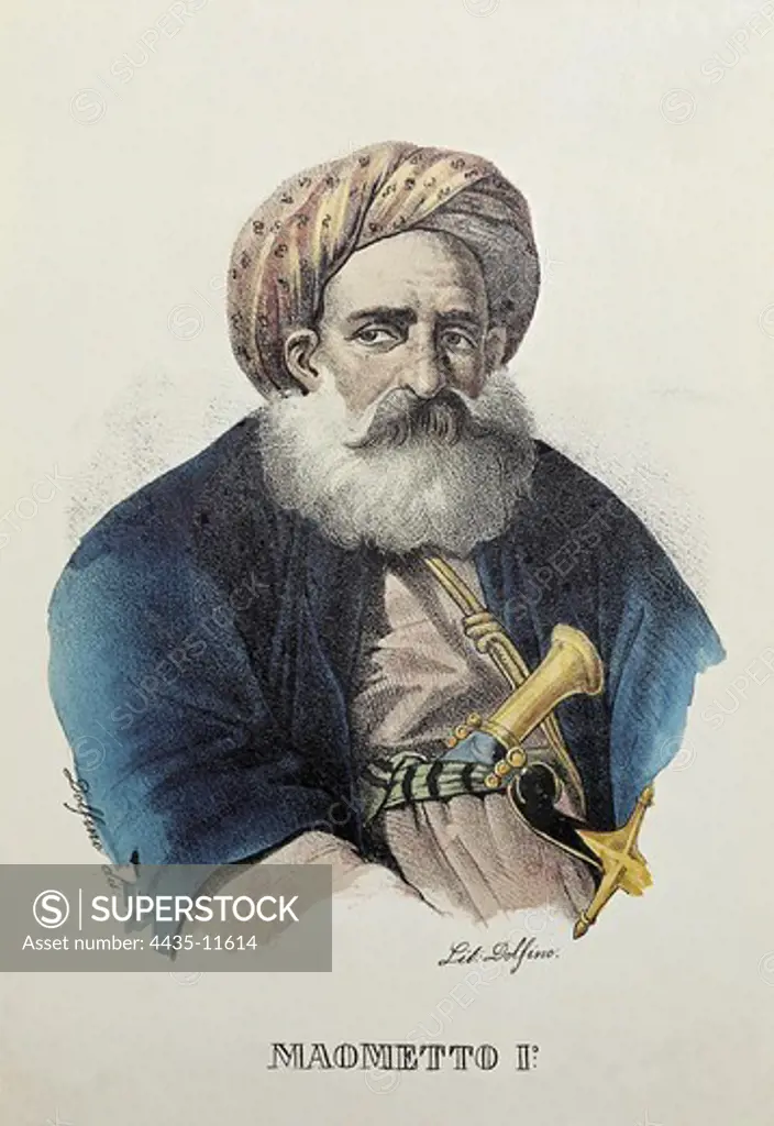Muhammad I  ( -1273). King of Granada (1237-1273), founder of the Nasrid dynasty. Engraving by Dolfino. Litography. ITALY. LOMBARDY. Milan. Civica Raccolta delle Stampe 'Achille Bertarelli' (Achille Bertarelli collection of prints).