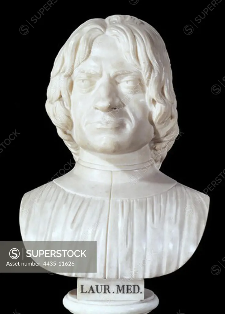 Medici, Lorenzo the Magnificient (1449-1492). Italian patrician and humanist, ruler of Florence from 1469 to 1492. Bust (end 15th c.). Renaissance art. Sculpture on marble. ITALY. TUSCANY. Florence. Galleria degli Uffizi (Uffizi Gallery).
