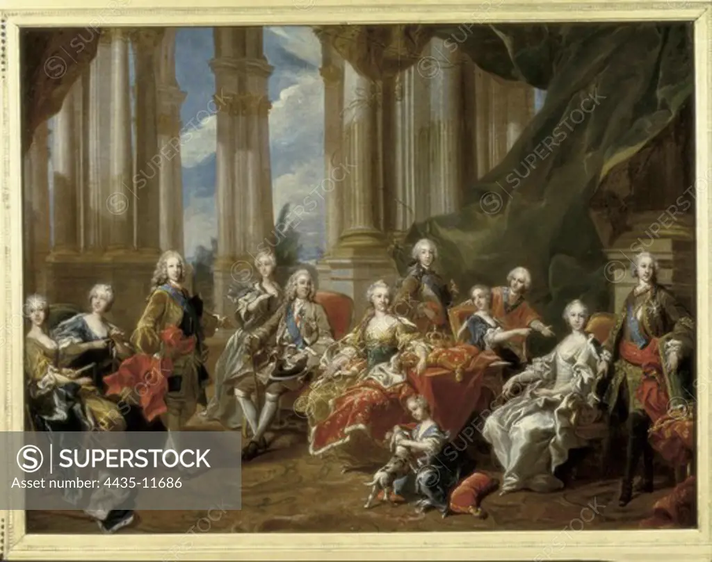 VAN LOO, Louis Michel (1707-1771). Philip V, King of Spain, and his Family in 1745. 1745. Philp V of Spain, Isabel of Farnesio, Charles III, Maria Amalia of Saxony, MarÕa-Isabel of Spain, Felipe of Bourbon; Luisa Isabel of Bourbon, Luis Antonio of Bourbon, Ferdinand VI, MarÕa Teresa Antonia Rafaela and MarÕa Magdalena. Preparatory sketch for the work exhibited in the Prado Museum. Rococo. Oil on canvas. FRANCE. LE-DE-FRANCE. YVELINES. Versailles. National Museum of Versailles.