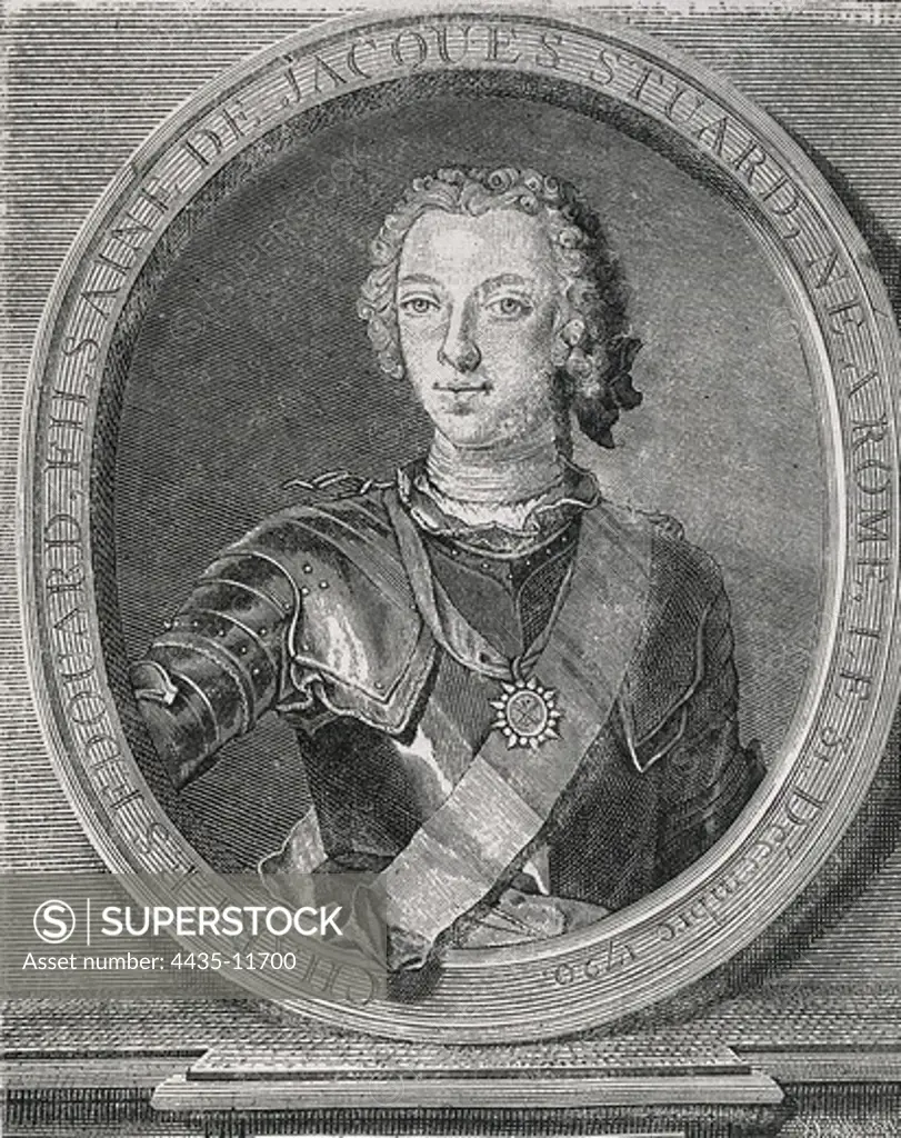 Charles Edward, the Young Pretender (1720-1788). Claimant to the thrones of Great Britain and Ireland, he was the son of Prince James Francis Edward Stuart. Portrait by Juan Daull_. Engraving. Engraving.