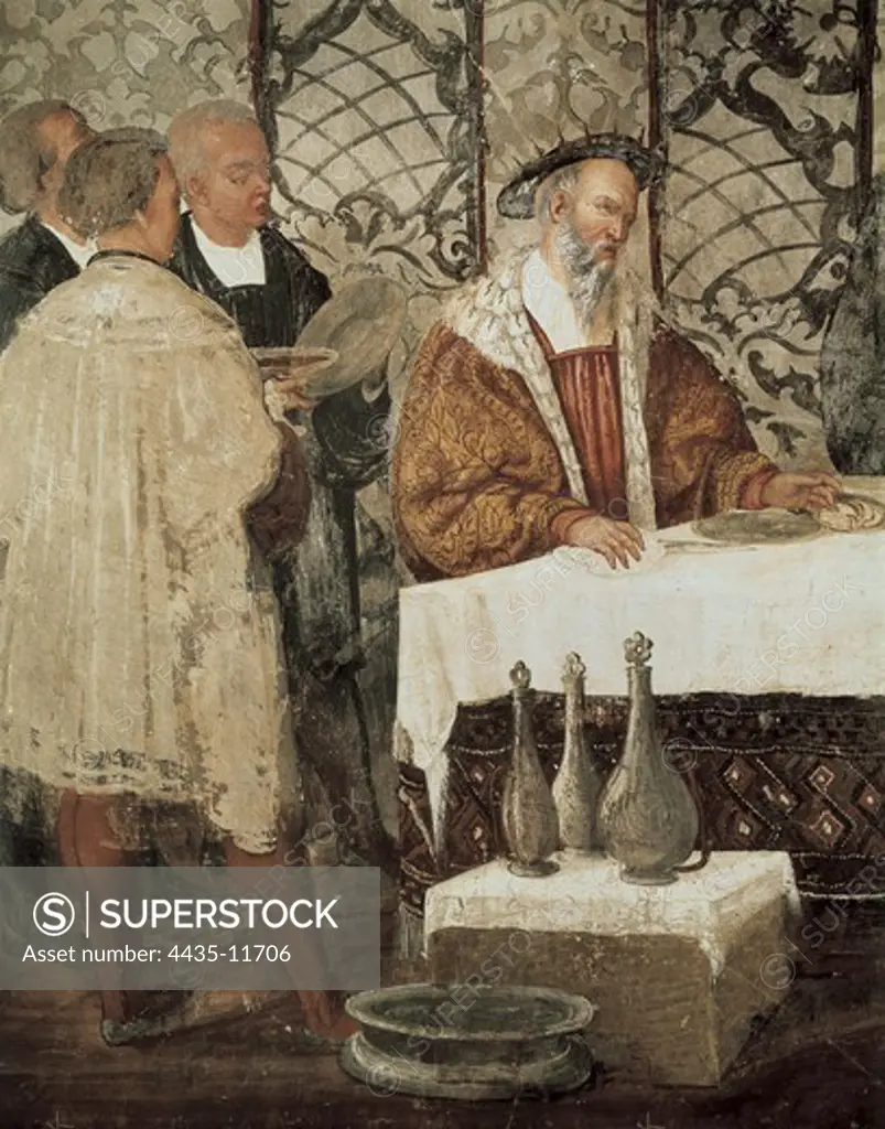 COLLEONI, Bartolomeo (1400-1475). Italian condottiero.; CHRISTIAN I (1426-1481). King of Denmark (1448-1481) and Sweden (1448-1481). 'King Christian I of Denmark in a banquet in the castle'. Part of the series that depicts his visit to the castle. ITALY. Bergamo. Malpaga Castle.