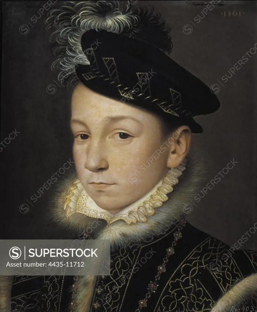 CLOUET, Franois, pupil of (16th century). Portrait of King Charles IX of France. 1540s. Reduction of the portrait of Franois Clouet located in the Kunsthistorisches Museum of Vienna. Origin: the Imperial and Royal Gallery in Vienna. Oil on canvas. FRANCE. ‘LE-DE-FRANCE. Paris. Louvre Museum.