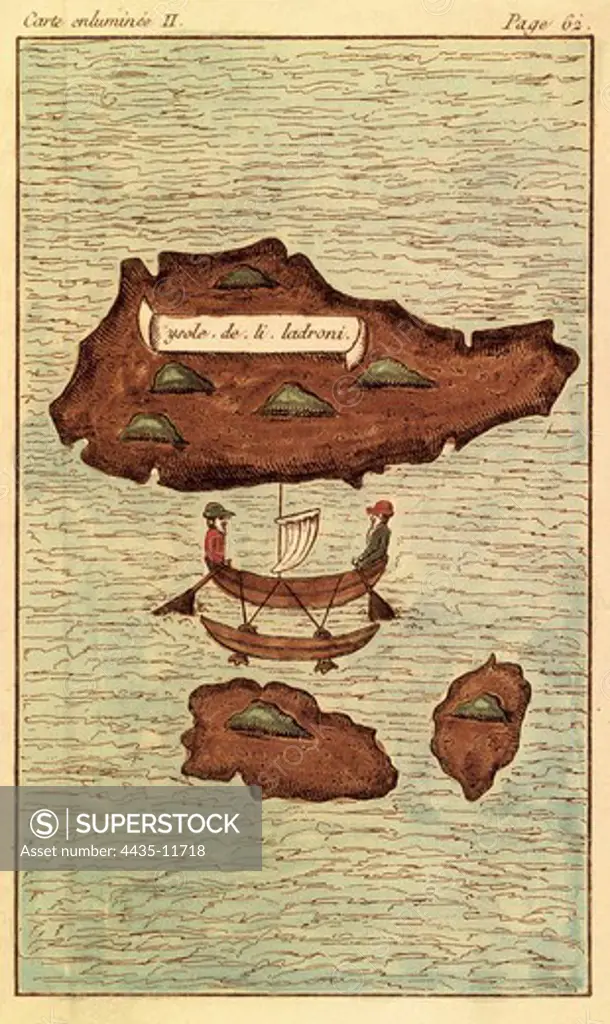 PIGAFETTA, Francesco Antonio de (1480-1534). Italian navigator and writer. Ysole de li ladroni' (Island of the thieves) in Mariana Islands. Illustration belonging to an edition from 18th c. Engraving.