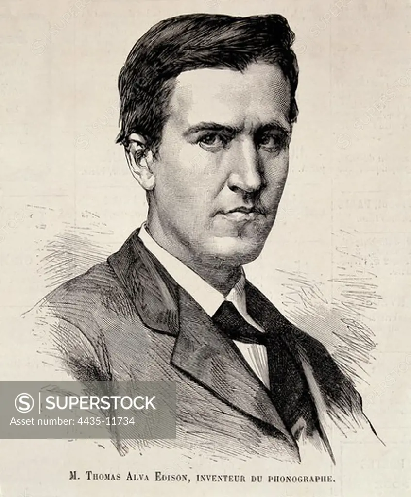 EDISON, Thomas Alva (1847-1931). United States scientist and inventor. Portrait published in L'Illustration. Engraving.