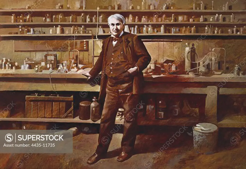 EDISON, Thomas Alva (1847-1931). United States scientist and inventor. Edison at his laboratory. Oil on canvas.