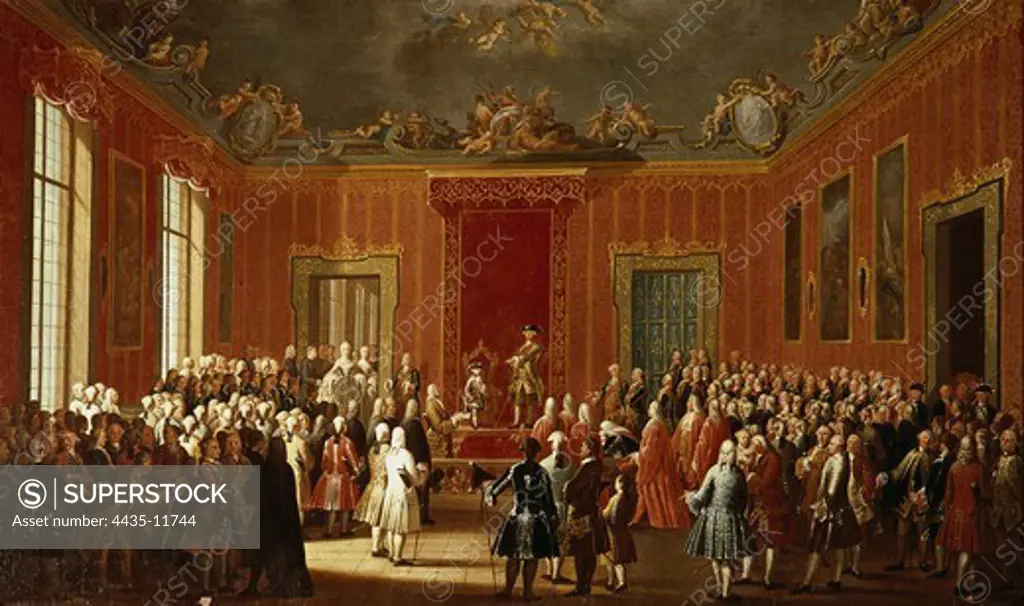 Kingdom of the Two Sicilies (1759). Abdication of Charles VII (future Charles III of Spain) in favour of his son Fernando. Work attributed to Antonio Joli. Oil on canvas.