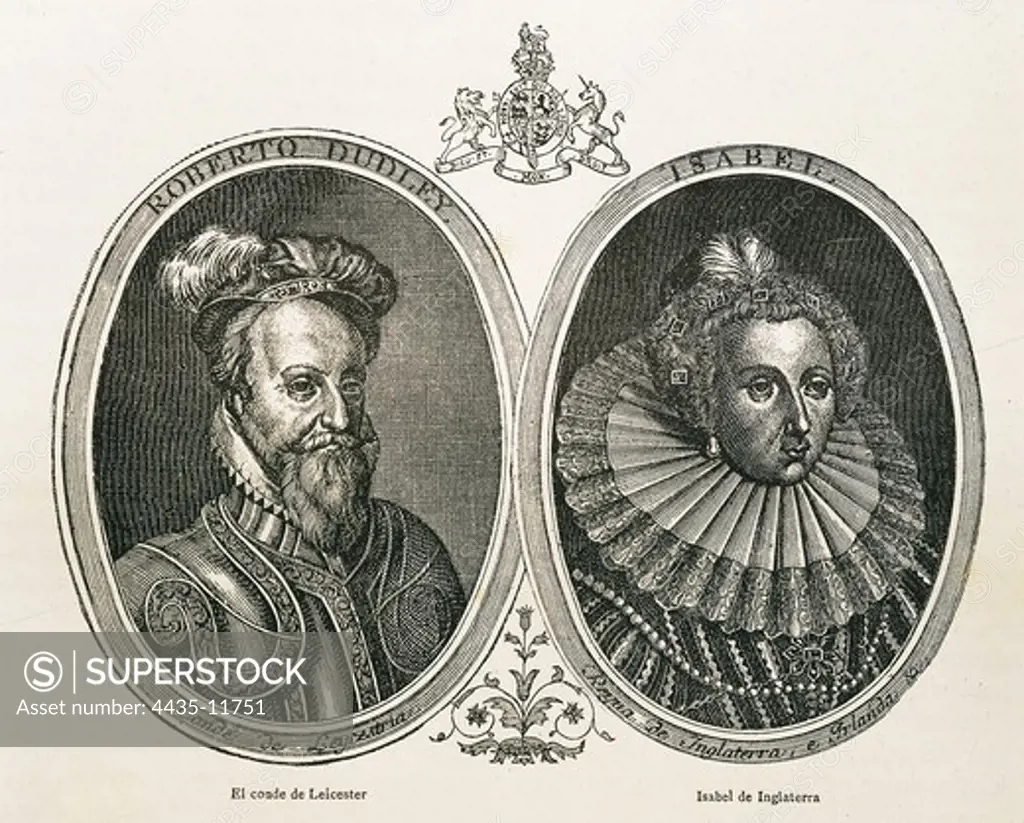 Elizabeth I of England, called 'the Virgin Queen' (1533-1603). Queen of England and Ireland (1558-1603).; Leicester, Robert Dudley, earl of, Baron Denbigh (1532-1588). English military man and politician. Portraits in medaillons of the Earl of Leicester and Queen Elizabeth I. Illustration of the work 'Historia del Ej_rcito espaÐol' (History of the Spanish Army). Engraving. SPAIN. ARAGON. Zaragoza. Academia General Militar (General Military Academy).