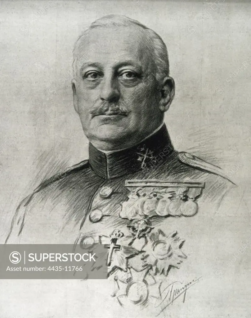 PRIMO DE RIVERA, Miguel (1870-1930). Spanish military man and politician, dictator between 1923 and 1930. Drawing by Franzen published in the magazine 'La Esfera' (22th March, 1930) after Primo de Rivera's death.