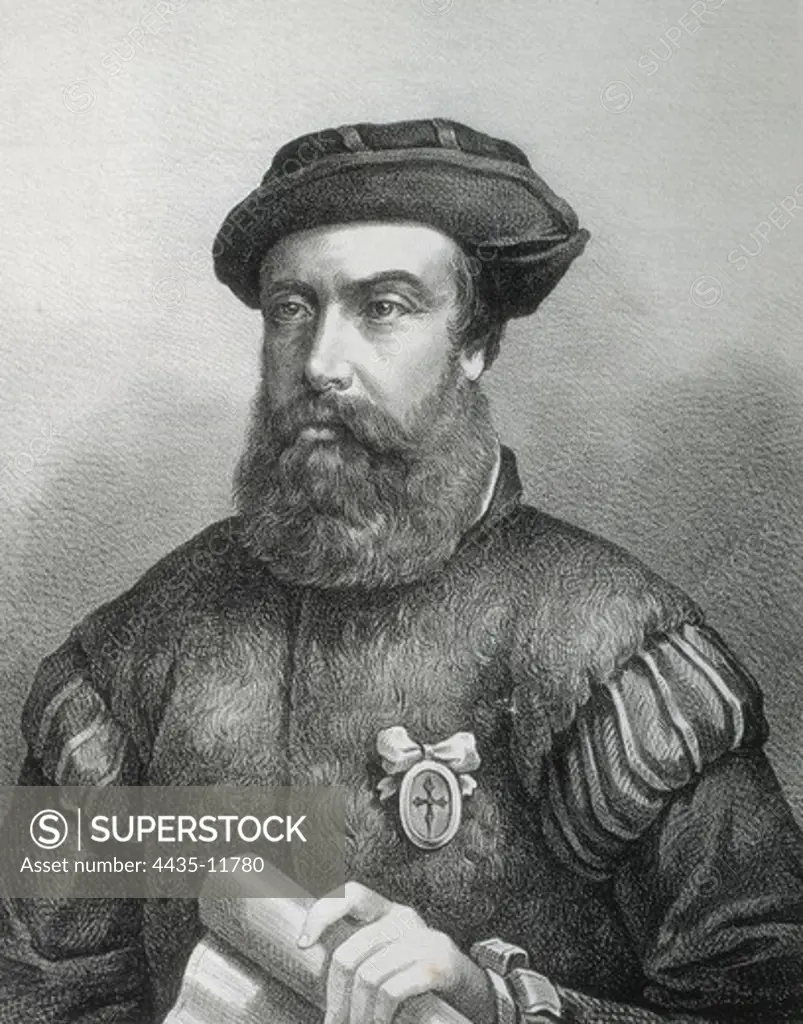 MAGELLAND, Ferdinand (1480-1521). Portuguese navigator and discoverer. Portrait of Ferdinand Magellan. Litography.