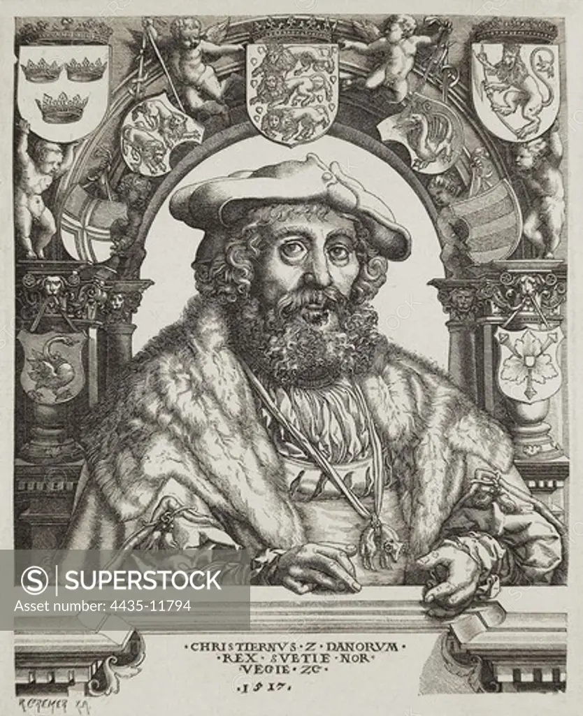 CHRISTIAN II (1481-1559). King of Denmark, Norway and Sweden (1513-1523). Etching.