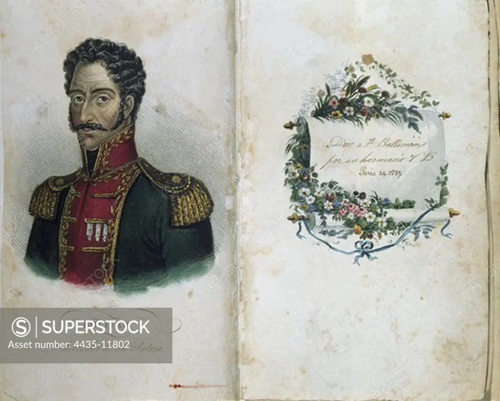 BOLIVAR, SimÑn (1783-1830). Venezuelan military man and politician hero of the Spanish-American independence. Portrait of Bolivar. Illustration of 'La Victoria de junin', song to Bolivar by J.J. Omedo. On the right side, dedicacy dated in Paris in 1839. Etching. ECUADOR. PICHINCHA. Quito. Aurelio Espinosa Polit Ecuadorian Library.