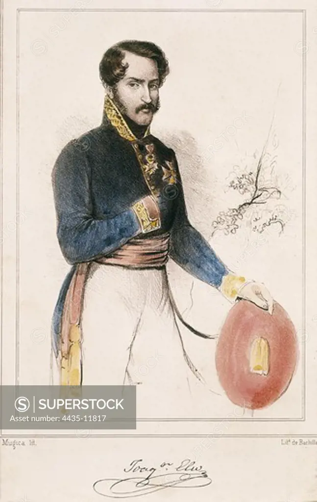 ELIO Y EZPELETA, JoaquÕn (1806-1876). Spanish Carlist military man. Spain. Carlist Wars. JoaquÕn Elio Ezpeleta. Engraving. SPAIN. LA RIOJA. SangÙesa. Carlist Circle.