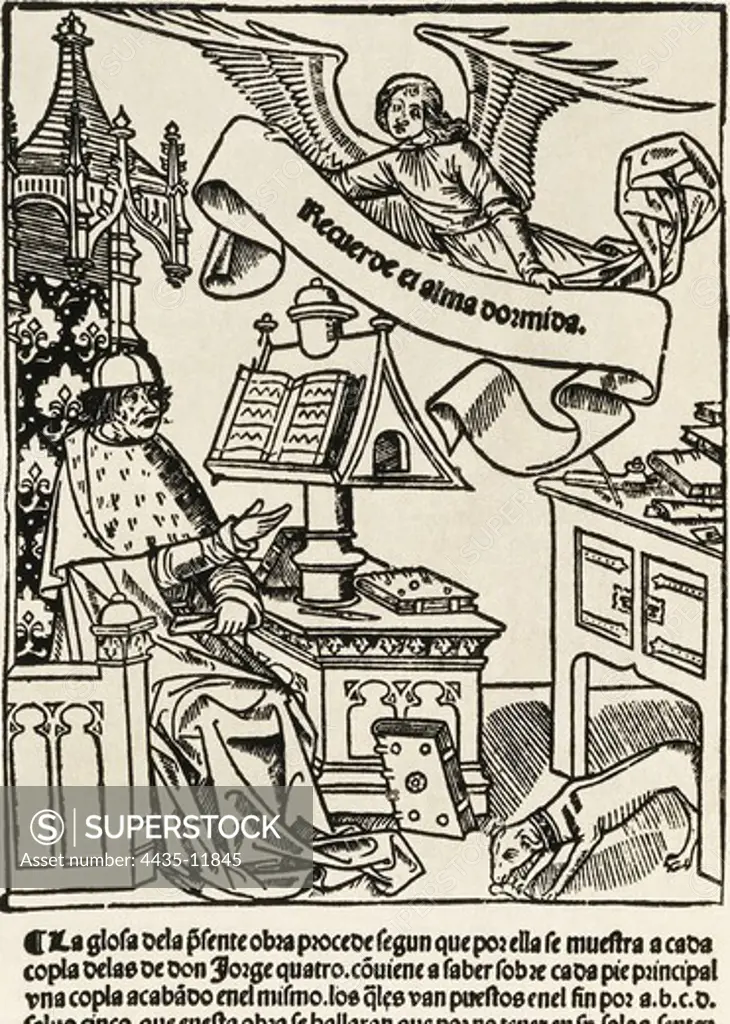 MANRIQUE, Jorge (1440-1479). Spanish poet. Picture of the cover of 'Coplas de Don Jorge Manrique, hechas a la muerte de su padre Don Rodrigo Manrique'. Xylography.