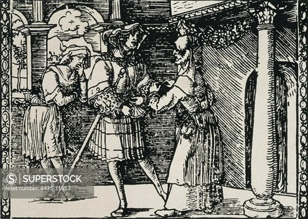 ROJAS, Fernando de (1465-1541). Spanis writer, author of 'La Celestina'. Representation of Pàrmeno, Calisto and Celestina, three of the main characters of 'La Celestina'. Xylography.