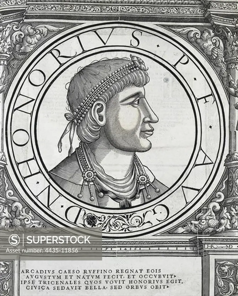 HONORIUS, Flavius (384-423). First Western Roman Emperor (395-423). Engraving. SPAIN. MADRID (AUTONOMOUS COMMUNITY). Madrid. National Library.