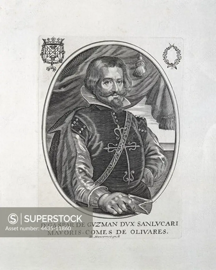 OLIVARES, Gaspar de Guzmàn, conde-duque de (1587-1645). Spanish statesman, court favourite of Philip IV (1622-1643). Engraving. SPAIN. MADRID (AUTONOMOUS COMMUNITY). Madrid. National Library.