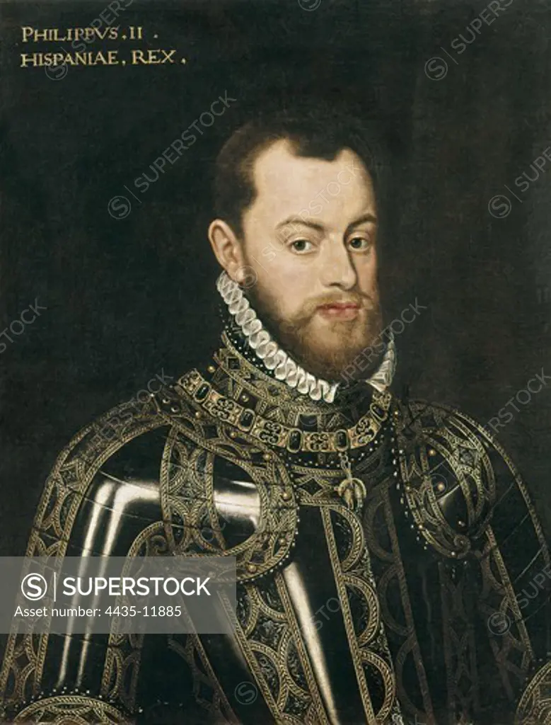 Philip II. ca. 1557. Portrait by anonymus author. Renaissance art. Cinquecento. Oil on canvas. SPAIN. MADRID (AUTONOMOUS COMMUNITY). Madrid. Làzaro Galdiano Foundation.
