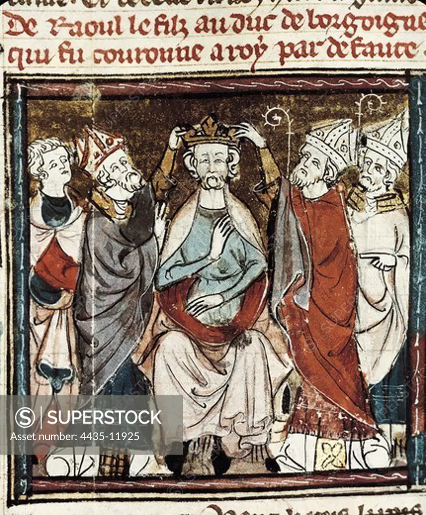 Rudolf ( -936). King of France (923-936) and Duke of Burgundy (921-923). Coronation of Rudolph I of France in 923. Illustration from 'Grandes Chroniques de France' (14h century). Gothic art. Miniature Painting. FRANCE. MIDI-PYRÄNÄES. TARN. Castres. Goya Museum.