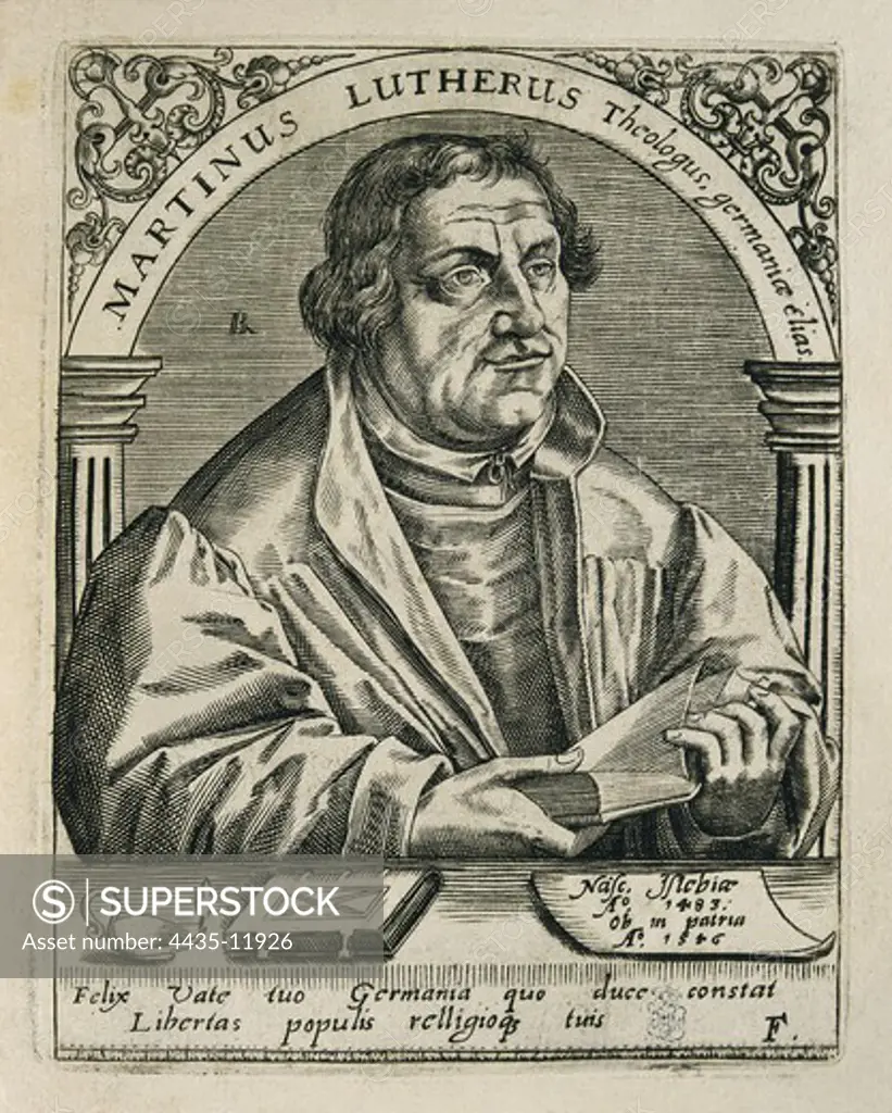 LUTHER, Martin (1483-1546). German religious reformer. Engraving. SPAIN. MADRID (AUTONOMOUS COMMUNITY). Madrid. National Library.