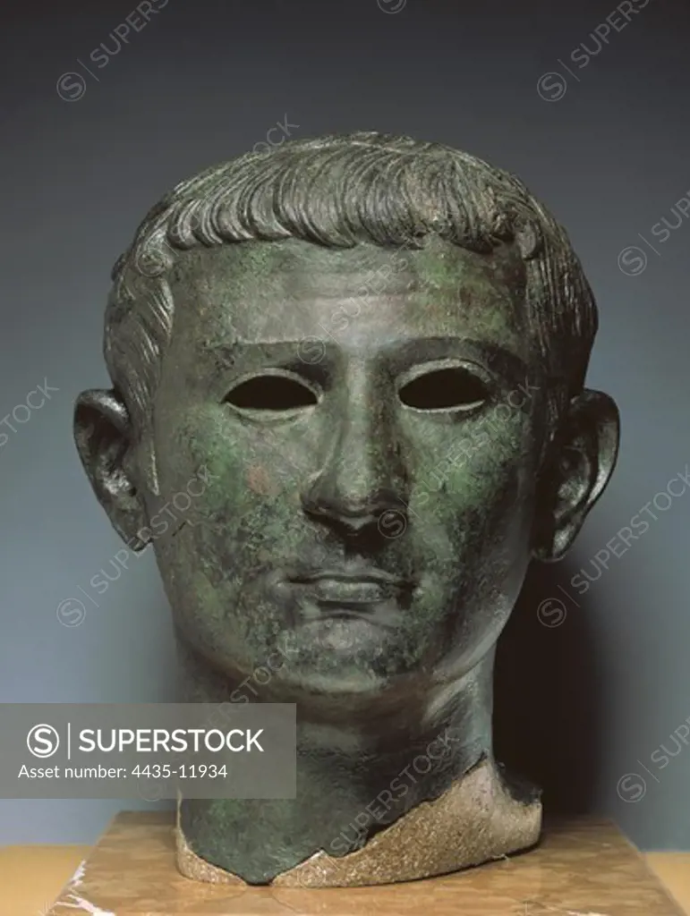Bust of Tiberius. 1st c. Roman art. Sculpture on bronze. SPAIN. MADRID (AUTONOMOUS COMMUNITY). Madrid. National Museum of Archaeology.