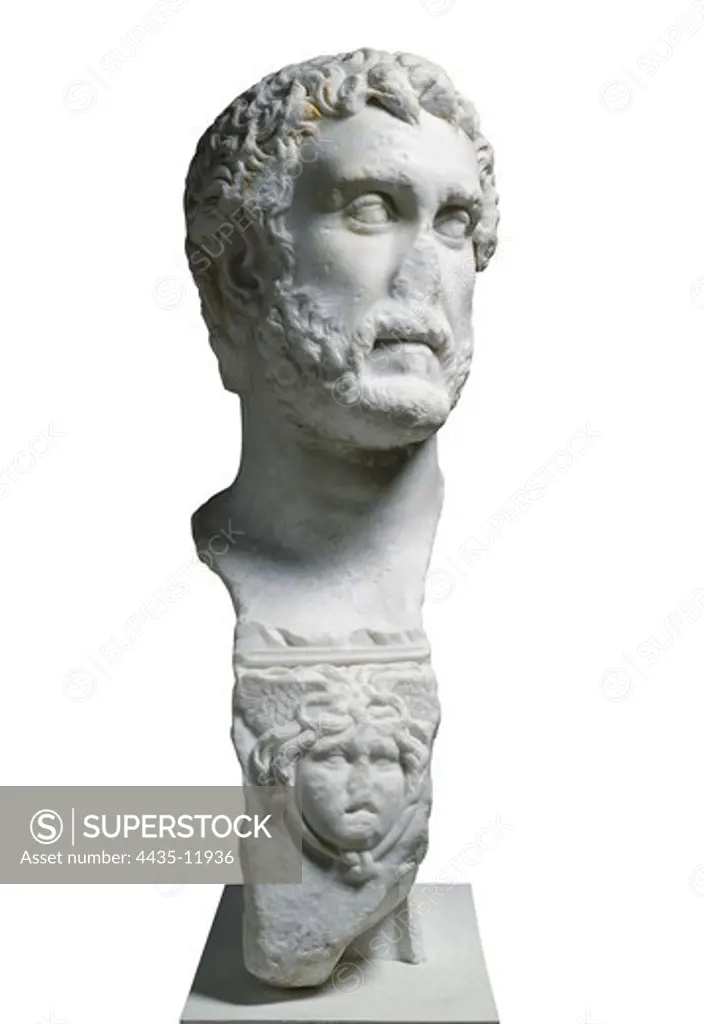 Bust of Antoninus Pius. 2nd c. Roman art. Early Empire. Sculpture on marble. SPAIN. MADRID (AUTONOMOUS COMMUNITY). Madrid. National Museum of Archaeology.