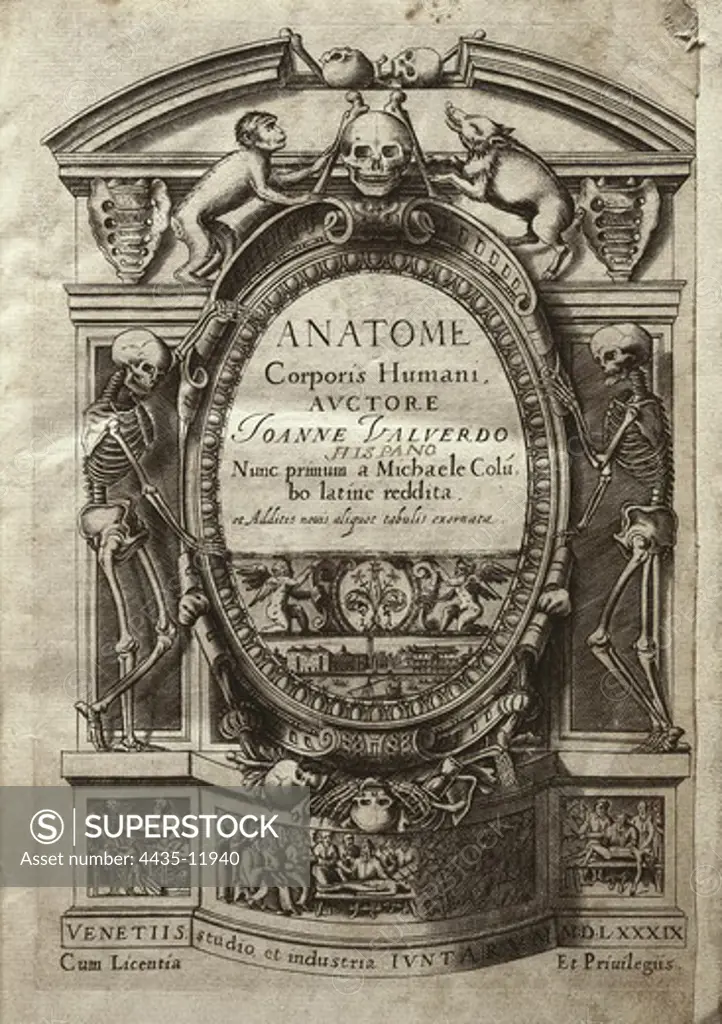 VALVERDE DE AMUSCO, Juan (1525-1588). Anatome Corporis Humani. 1589. Edition printed in Venice. Frontispiece. Engraving. SPAIN. CATALONIA. Barcelona. Biblioteca de Catalunya (National Library of Catalonia).