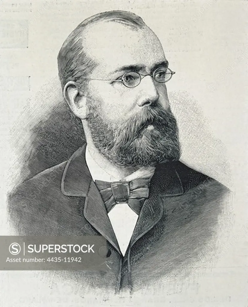 KOCH, Robert (1843-1910). German physician, discoverer of the tuberculin. Nobel Prize in 1905. Picture from 'La IlustraciÑn EspaÐola y Americana'. Engraving.
