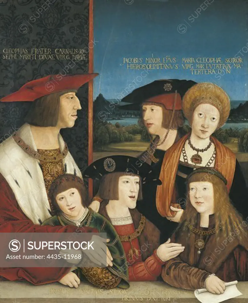 STRIGEL, Bernhard (1460-1528). Emperor Maximilian I with His Family (Die Familie Kaiser Maximilians I). 1516. On the left side the Emperor, on his right side his first wife Mary of Burgundy, next to their son Philip I of Spain (the Fair) and their grandsons Charles V, Ferdinand I and Louis II. Renaissance art. Oil on canvas. AUSTRIA. VIENNA. Vienna. Kunsthistorisches Museum Vienna (Museum of Art History).