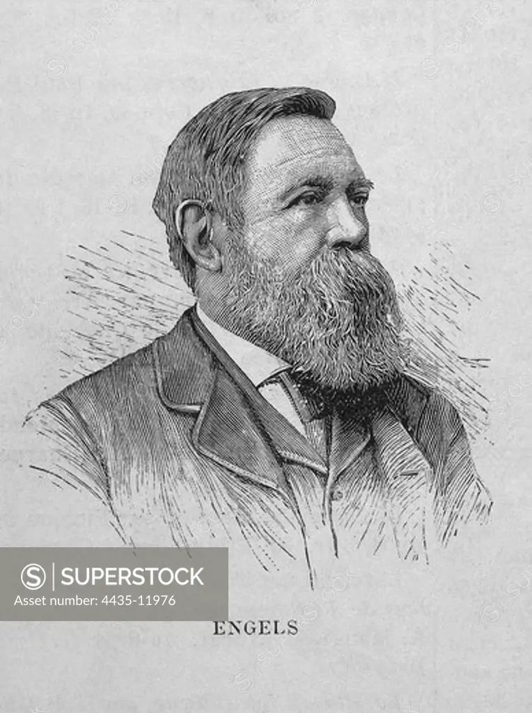 ENGELS, Friedrich (1820-1895). German socialist philosopher and political theoretician. Portrait published in the French magazine L'Illustration. Engraving.
