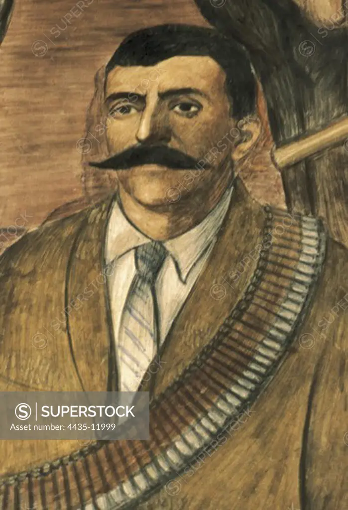 ZAPATA, Emiliano (1883-1919). Piece of a wallpainting depicting a portrait of Emiliano Zapata. Mexico, 20th century. Mexican Mural Painting. Fresco.