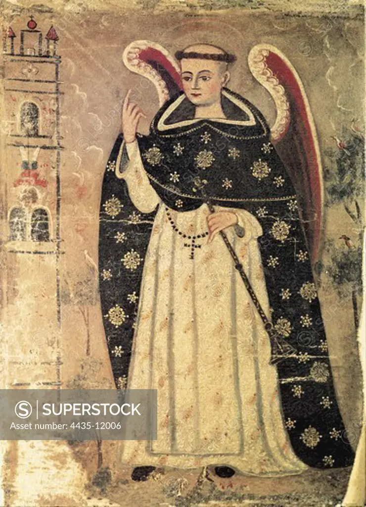 AQUINAS, Thomas, Saint (1225-1274). Popular Peruvian art. Colonial baroque. Painting. SPAIN. Terrassa. Church of St. Miquel.