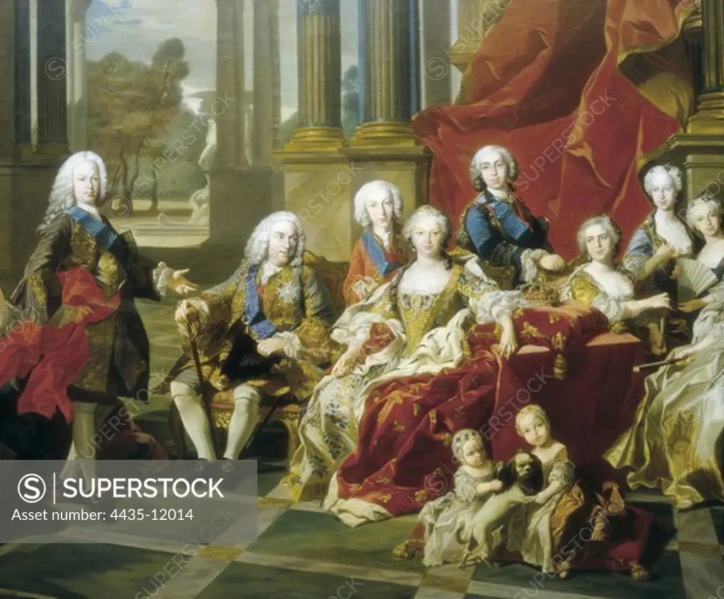 VAN LOO, Louis Michel (1707-1771). The Family of Philip V. 1743. Right central detail. From left to right: Philip V, the Cardinal-Infante Louis, Elizabeth Farnese, Philip Duke of Parma, Louise-Elizabeth of France, Marie Therese, Marie Antoine Ferdinande, Maria Amalia of Saxony and Charles, King of Naples. Baroque art. Oil on canvas. SPAIN. MADRID (AUTONOMOUS COMMUNITY). Madrid. Prado Museum.