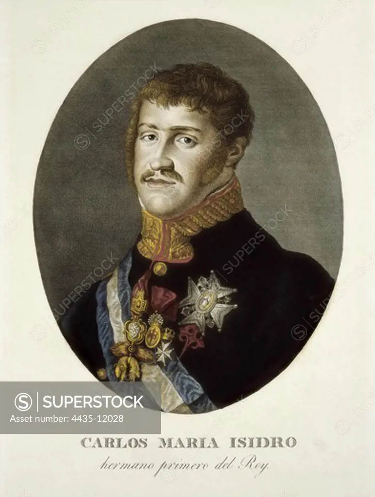 Carlos Maria Isidro de Borbon, conde de Molina (1788-1855). Brother of Ferdinand VII, pretender to the throne of Spain under the name of Charles V. Litography. SPAIN. MADRID (AUTONOMOUS COMMUNITY). Madrid. National Library.