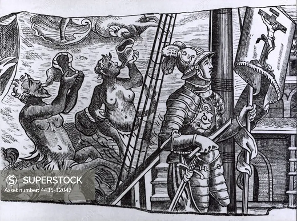 COLUMBUS, ChrIstopher (1451-1506). Sailor at the Catholic Monarchs' service, discoverer of America in 1492. Christopher Columbus' First Voyage to America (1492). Columbus on the deck of the Santa MarÕa together with a triton and a mermaid. Xylography.