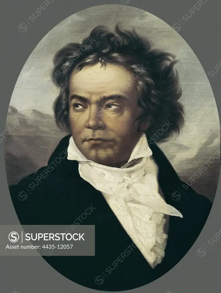 Beethoven, Ludwig, van. German composer. Portrait from life when he was 49 years-old. Portrait of Ludwig van Beethoven. 1818-1819. Oil on canvas. GERMANY. NORTH RHINE-WESTPHALIA. Bonn. Beethoven's birth house.