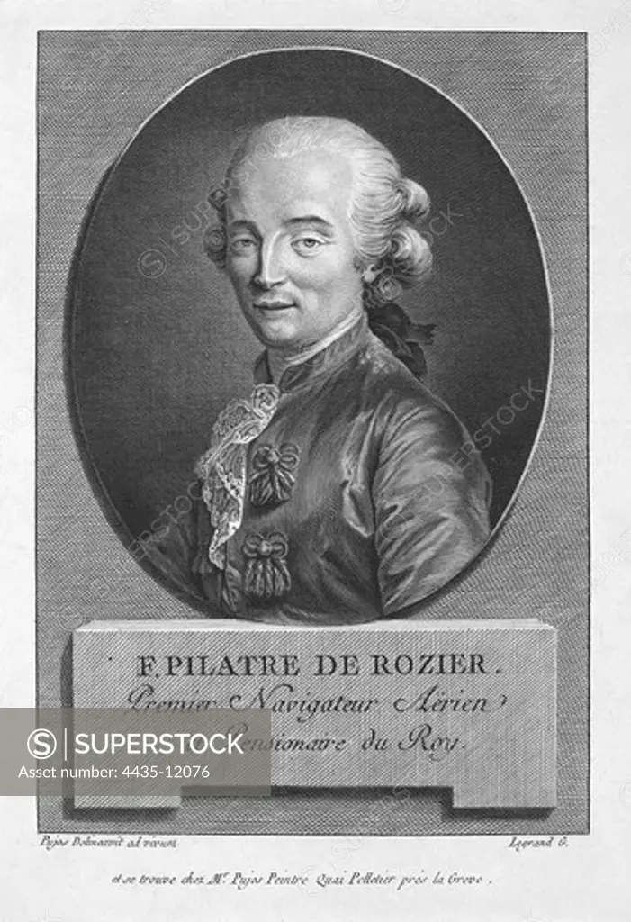 PILATRE DE ROZIER, Jean Franois (1754-1785). French physicist, pioneer of aeronautics. He made the first manned free balloon flight. Engraving. FRANCE. ‘LE-DE-FRANCE. Paris. Mus_e Carnavalet (Carnavalet Museum).