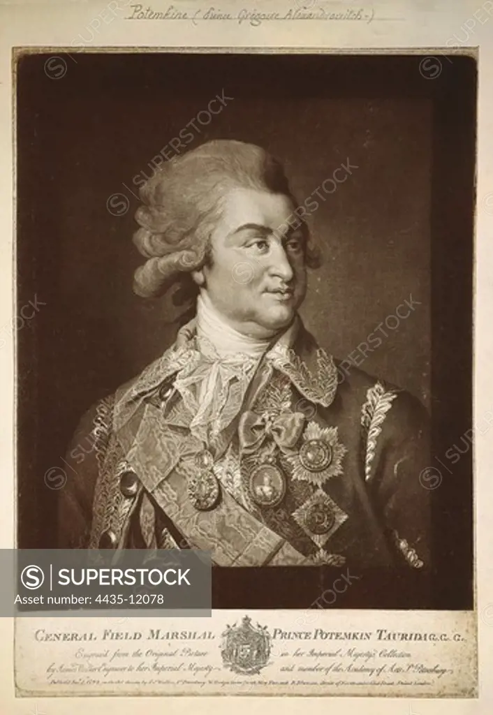 Potemkin, Grigory Aleksandrovich, Prince Tavrichesky, Imperial Prince (1739-1791). Russian politician and marshal. Engraving. FRANCE. LE-DE-FRANCE. Paris. National Library.