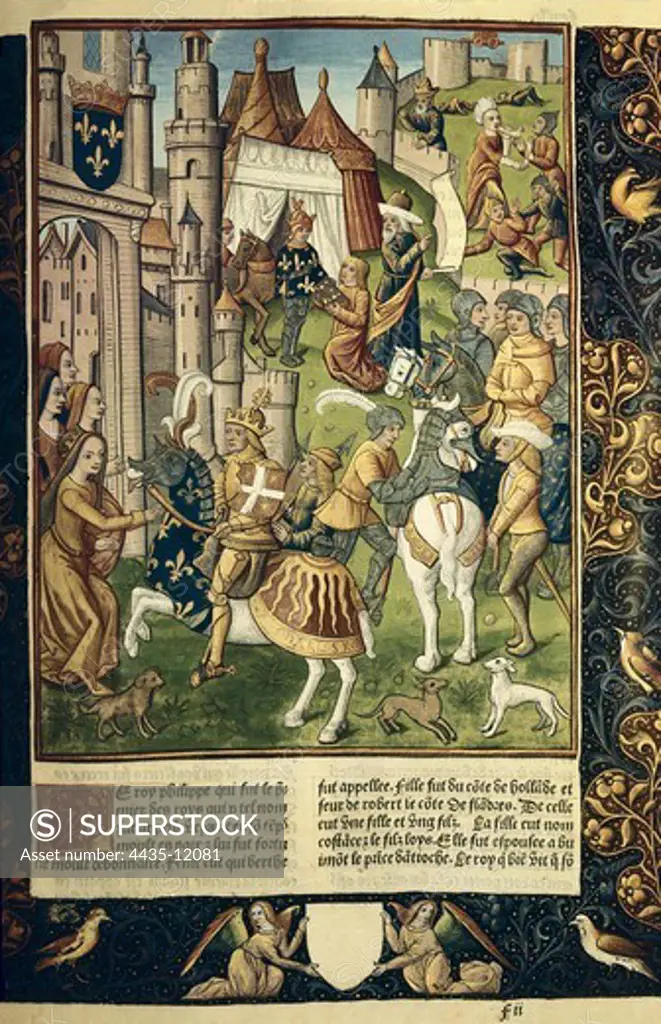 PHILIP I of France (1052-1108). King of France (1060-1108), member of the Capetian dynasty. Allegory of Philip I of France's reign. Illustration from 'Chroniques de France', edition by Antoine V_rard (15th century). Gothic art. Miniature Painting. ITALY. PIEDMONT. Turin. National Library of the Turin University.
