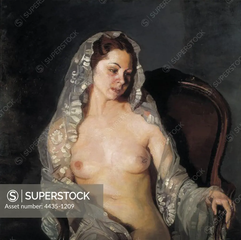 ZULOAGA ZABALETA, Ignacio (1870-1945). Nude with mantilla. 1st half 20th c. Romanticism. Oil on canvas. Private Collection.