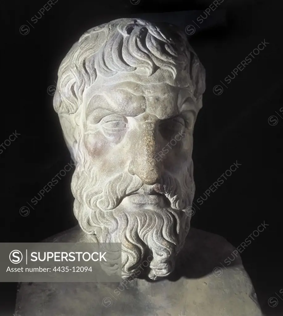 EPICURUS (341-270 BC). Greek philosopher. Bust of Epicurus, 2nd c. A.D. Roman art. Sculpture. ITALY. LAZIO. Rome. Capitoline Museums.