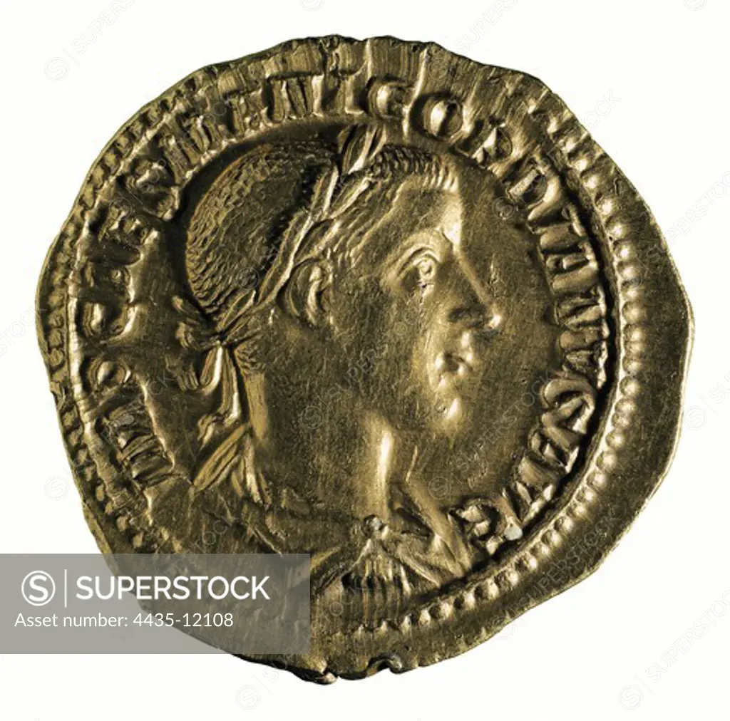Gordian III, Marcus Antonius Gordianus (225-244). Roman Emperor (238-244). Coin bearing a portrait of the Emperor. Roman art. Coin. ITALY. LOMBARDY. Milan. Archaeological Museum.