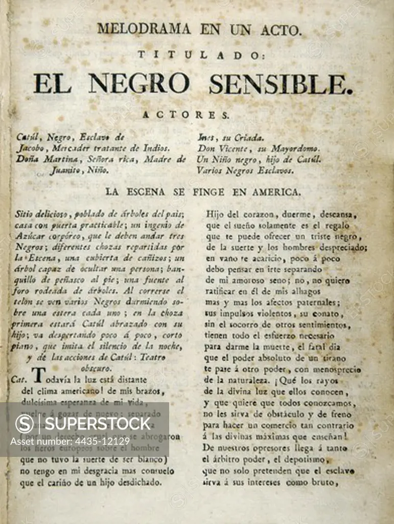 COMELLA Y VILAMITJANA, Luciano Francisco (1751-1812). Spanish dramatist. First page of the melodram 'El negro sensible' (The sensitive black man). SPAIN. MADRID (AUTONOMOUS COMMUNITY). Madrid. National Library.